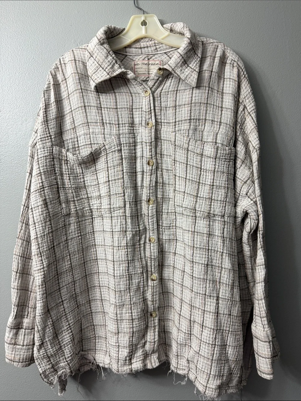 Free People "We The Free" Cardiff Plaid Tunic plaid gauze button down Top Large - Picture 2 of 9